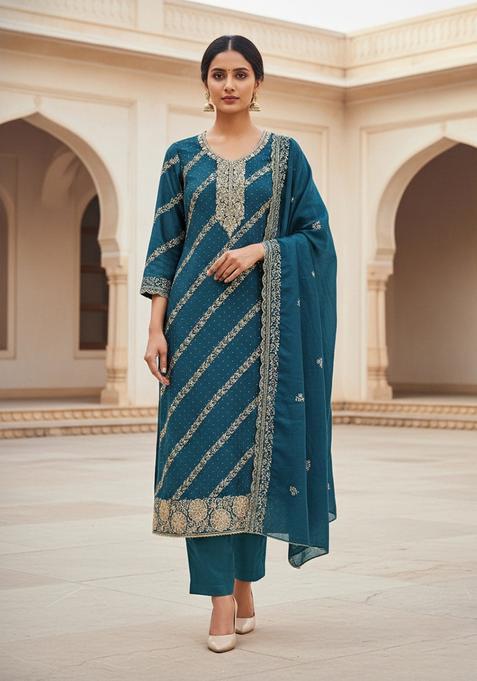 Teal Blue Embroidery Cotton Salwar Kameez