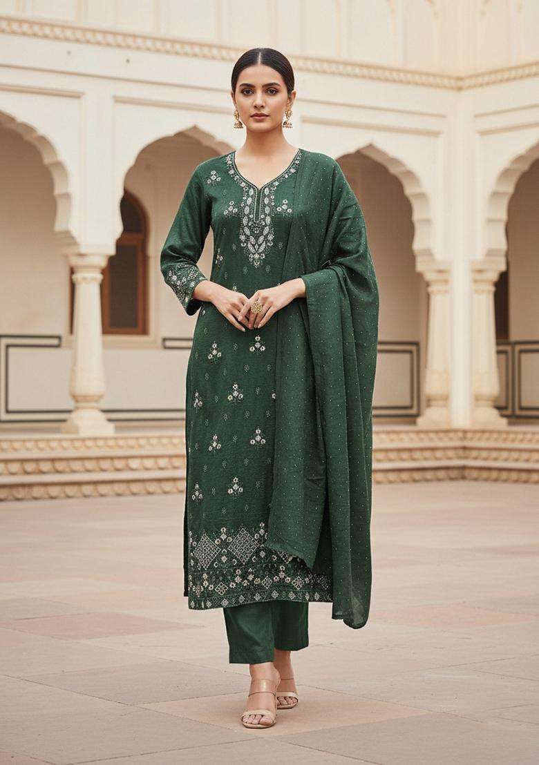 Olive Green Embroidery Cotton Salwar Kameez - Indya