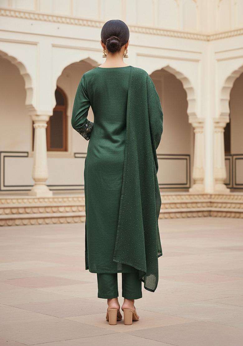 Olive Green Embroidery Cotton Salwar Kameez - Indya