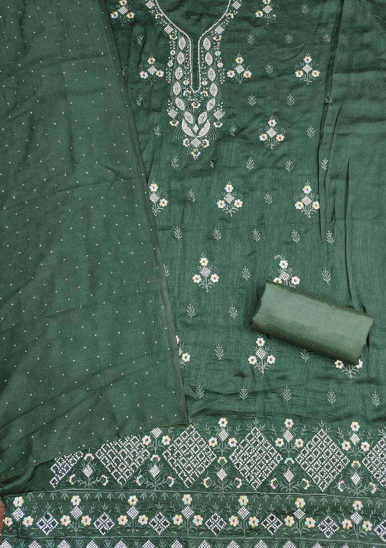 Olive Green Embroidery Cotton Salwar Kameez - Indya