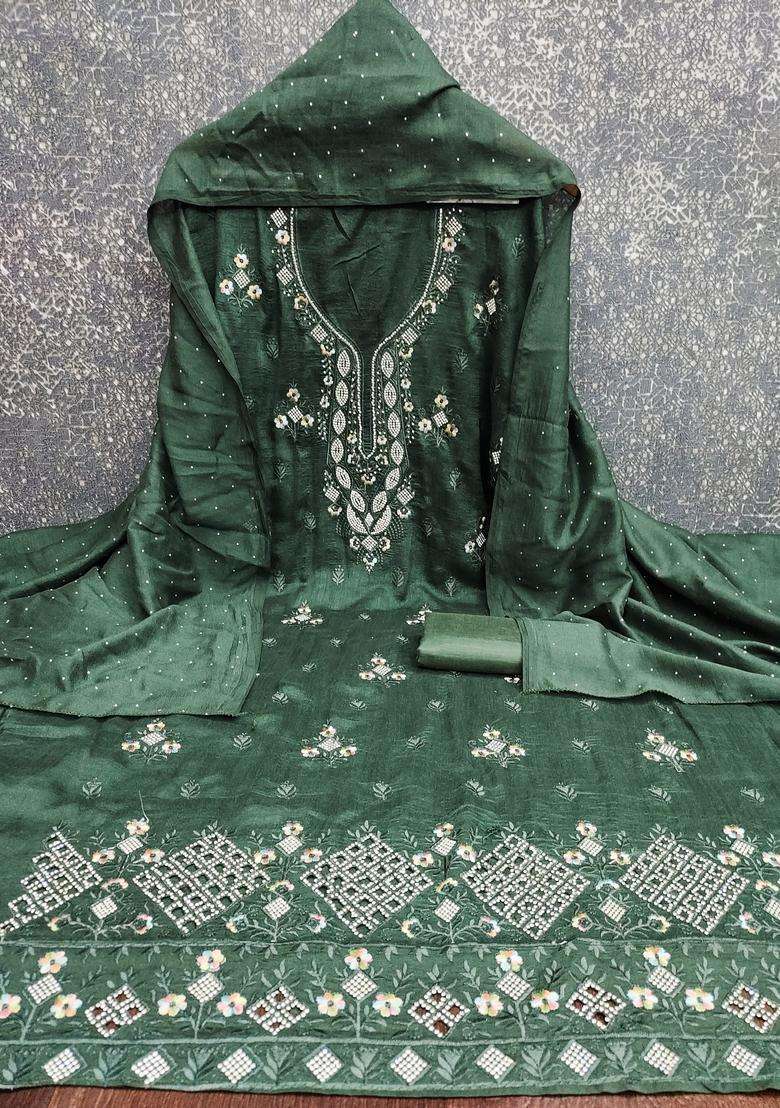 Olive Green Embroidery Cotton Salwar Kameez - Indya