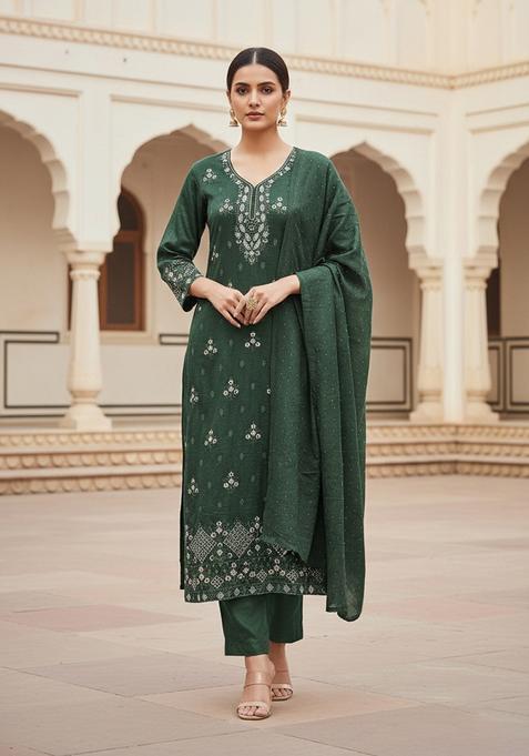 Olive Green Embroidery Cotton Salwar Kameez