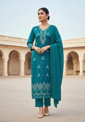 Teal Blue Embroidery Cotton Salwar Kameez