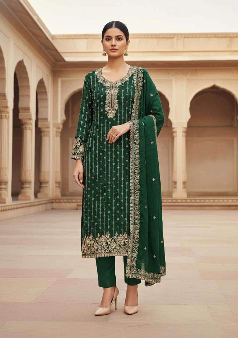 Green Embroidery Cotton Salwar Kameez - Indya