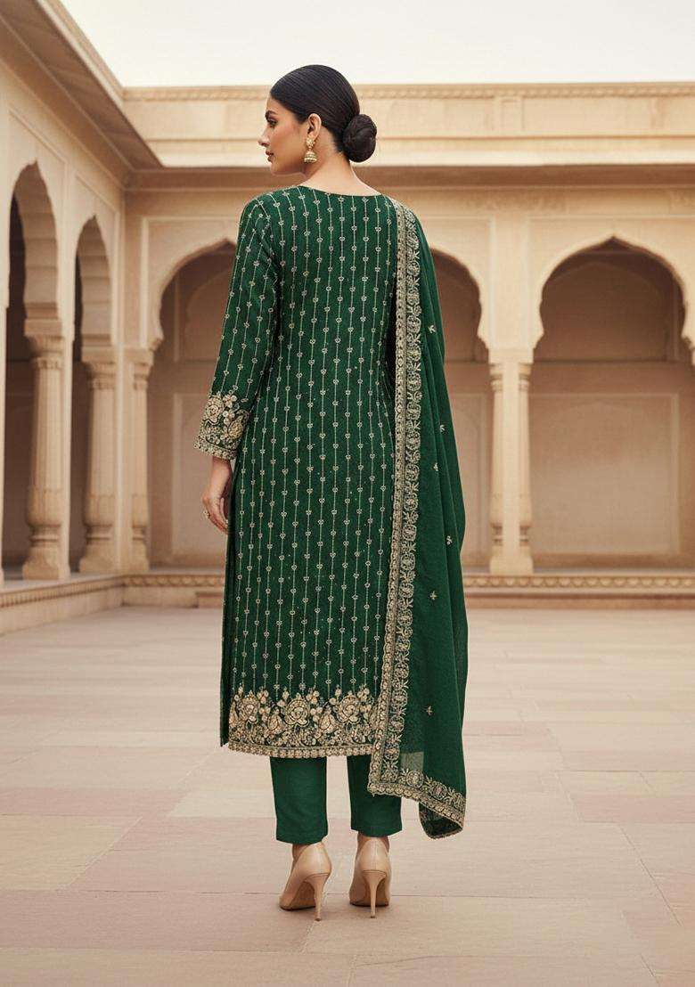 Green Embroidery Cotton Salwar Kameez - Indya