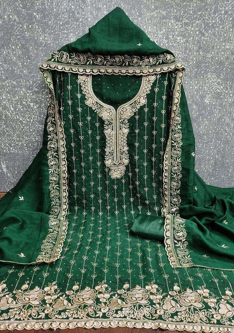 Green Embroidery Cotton Salwar Kameez - Indya
