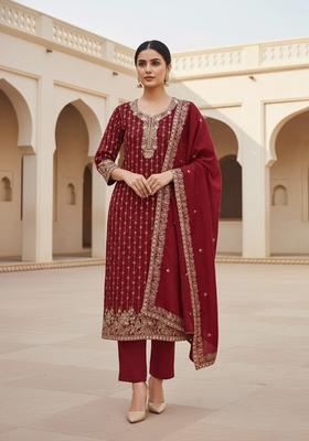 maroon Embroidery Cotton Salwar Kameez