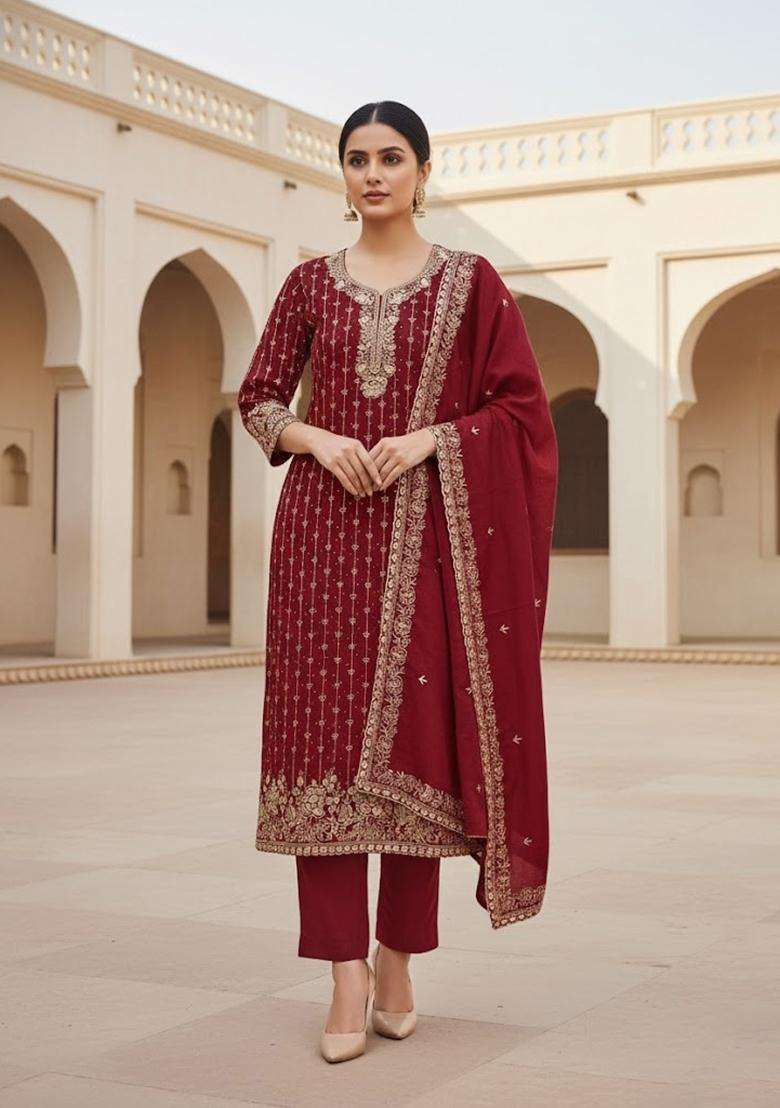 maroon Embroidery Cotton Salwar Kameez - Indya