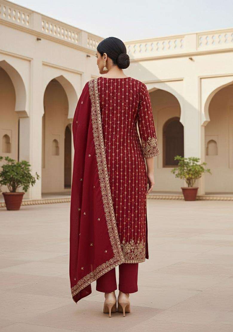 maroon Embroidery Cotton Salwar Kameez - Indya
