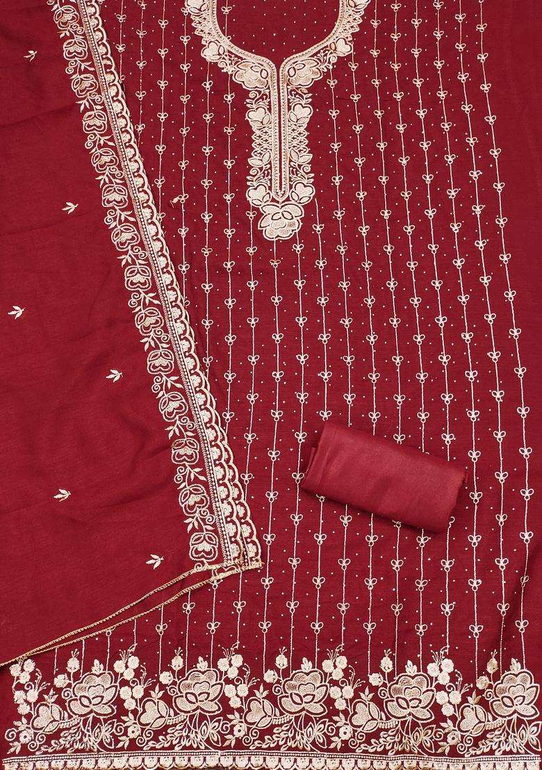 maroon Embroidery Cotton Salwar Kameez - Indya
