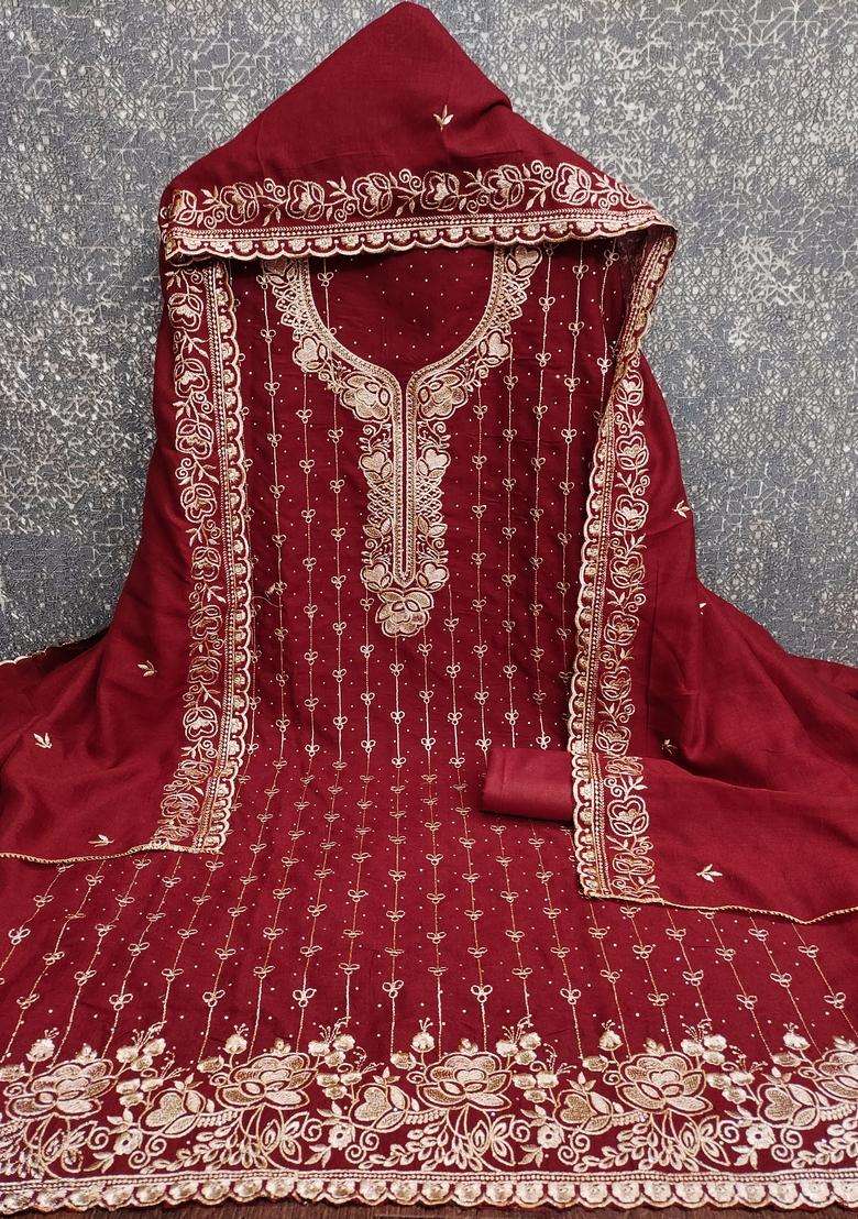 maroon Embroidery Cotton Salwar Kameez - Indya