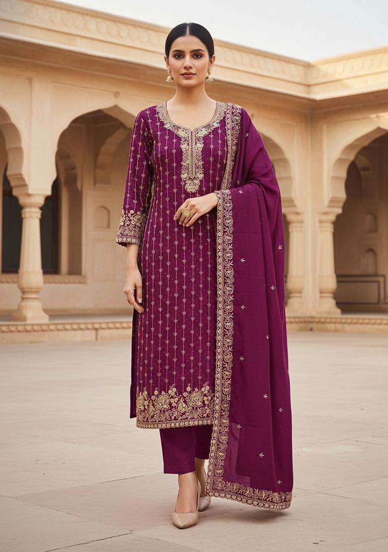 Purple Embroidery Cotton Salwar Kameez - Indya