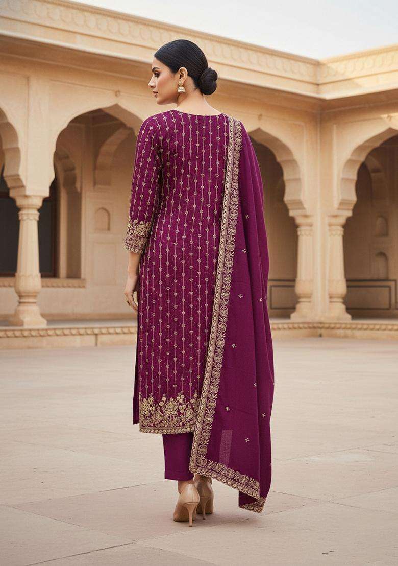 Purple Embroidery Cotton Salwar Kameez - Indya
