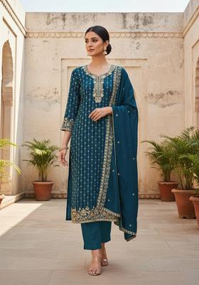Teal Blue Embroidery Cotton Salwar Kameez