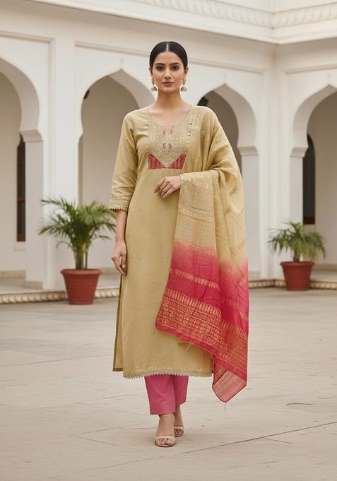 Beige Embroidery Cotton Salwar Kameez