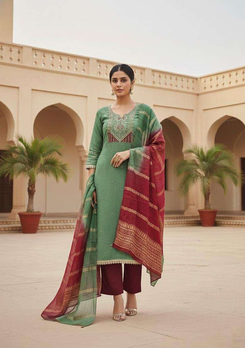 Green Embroidery Cotton Salwar Kameez - Indya