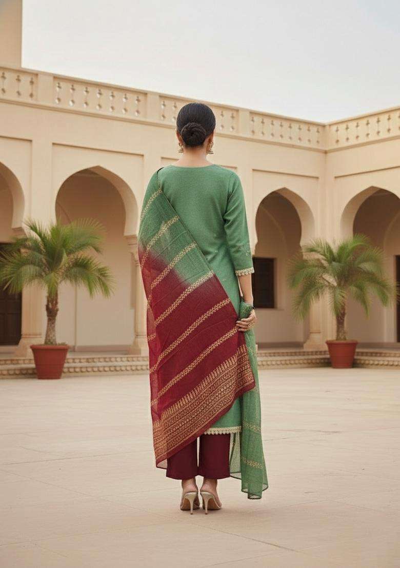 Green Embroidery Cotton Salwar Kameez - Indya