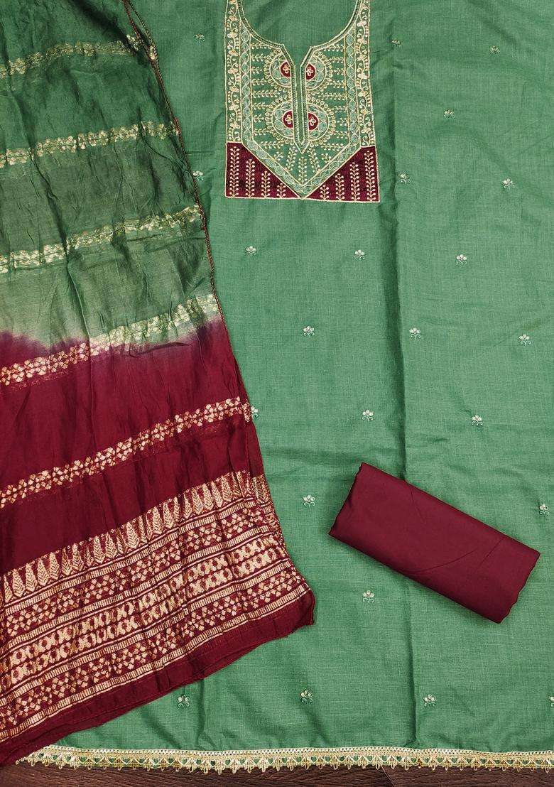 Green Embroidery Cotton Salwar Kameez - Indya