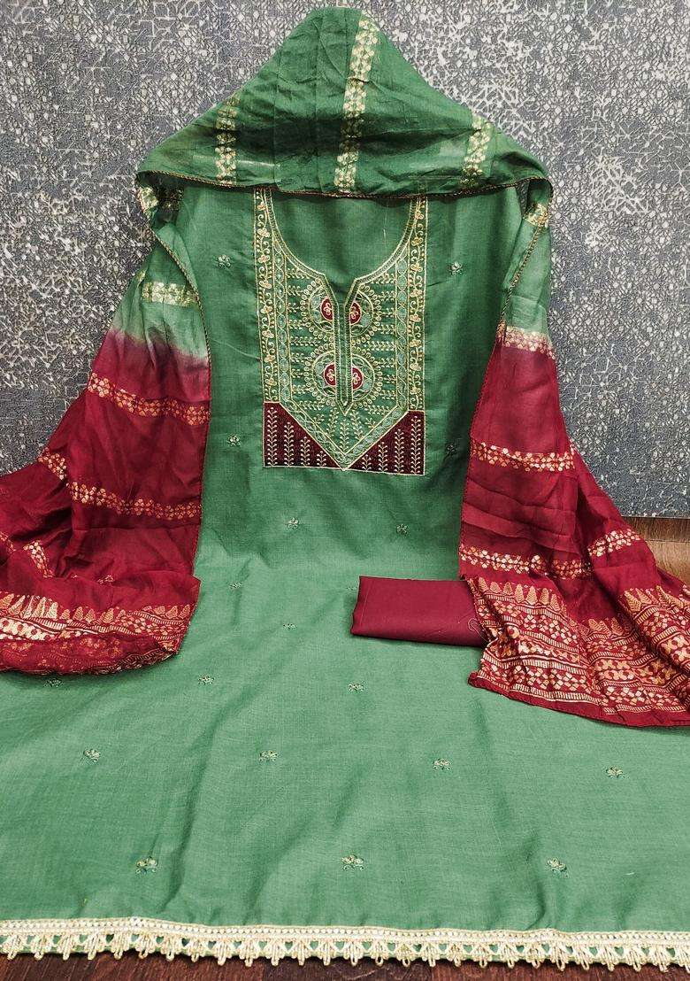 Green Embroidery Cotton Salwar Kameez - Indya