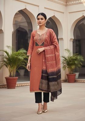 Peach Embroidery Cotton Salwar Kameez