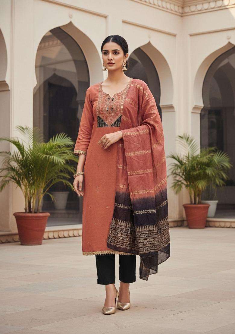 Peach Embroidery Cotton Salwar Kameez - Indya