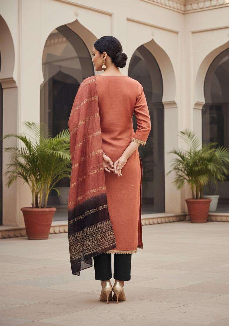 Peach Embroidery Cotton Salwar Kameez - Indya