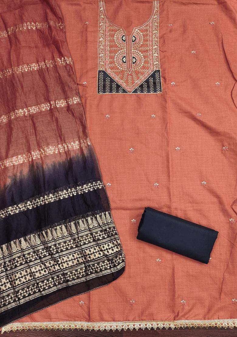Peach Embroidery Cotton Salwar Kameez - Indya