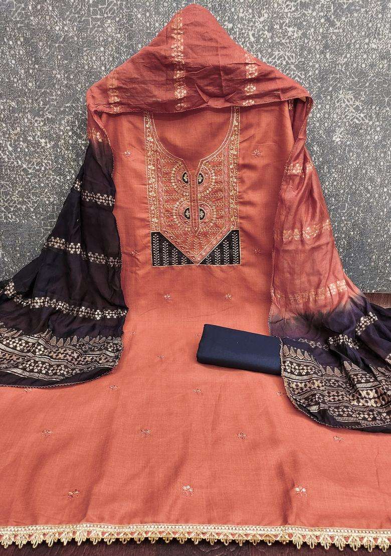 Peach Embroidery Cotton Salwar Kameez - Indya