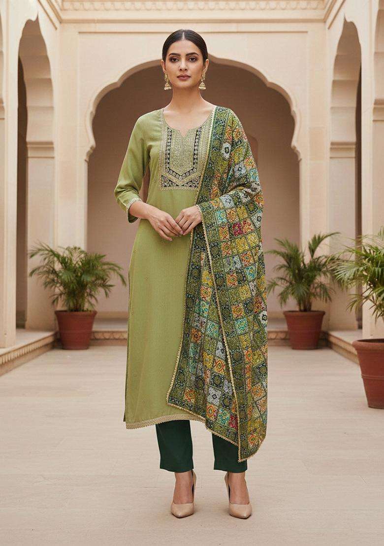 Light Green Embroidery Cotton Salwar Kameez - Indya