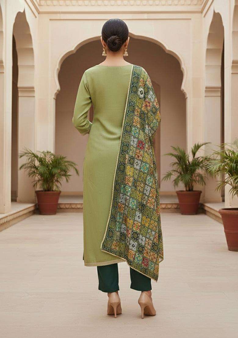 Light Green Embroidery Cotton Salwar Kameez - Indya
