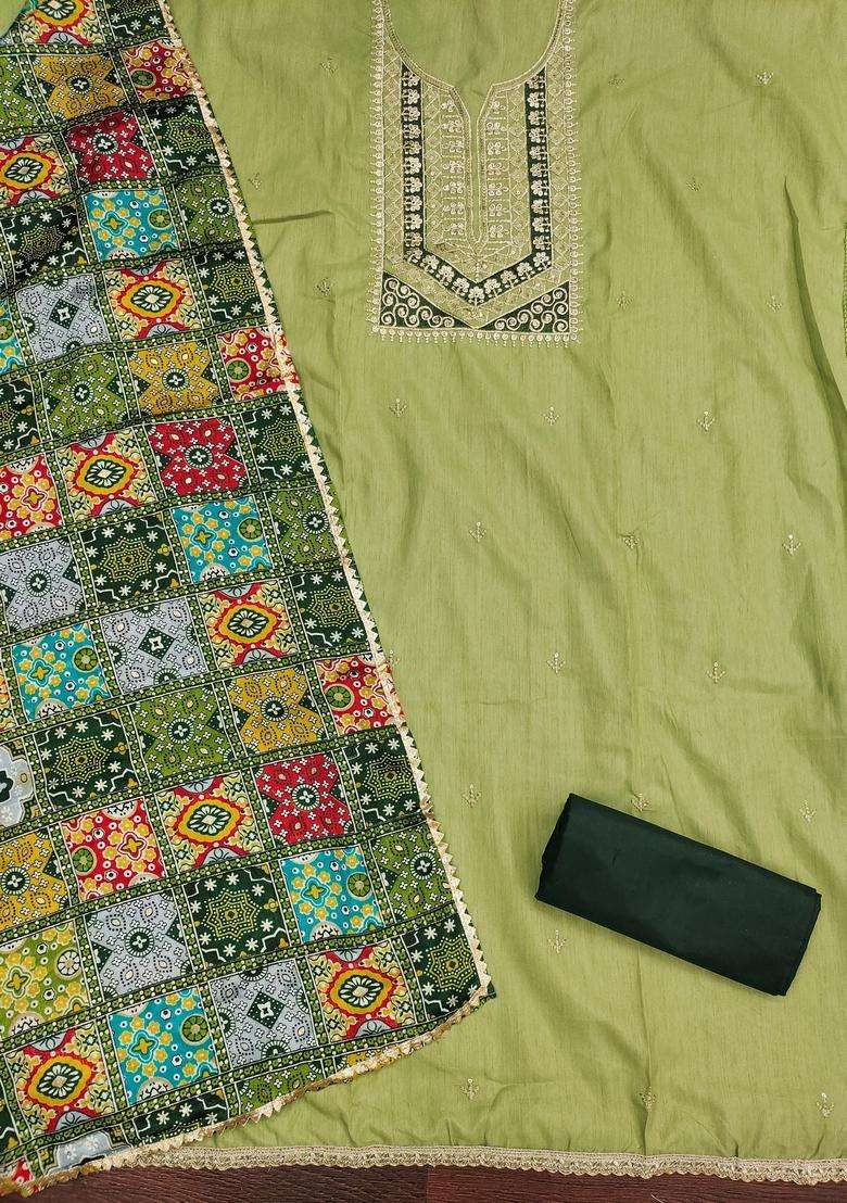 Light Green Embroidery Cotton Salwar Kameez - Indya