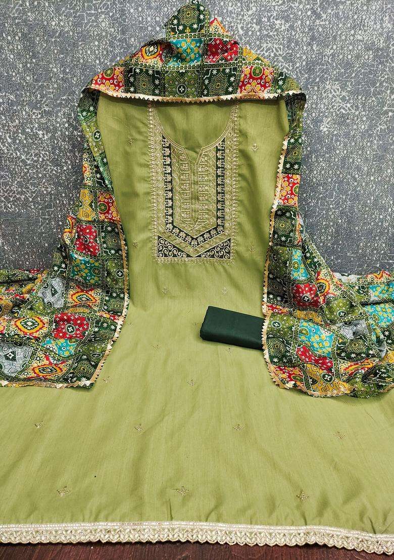Light Green Embroidery Cotton Salwar Kameez - Indya