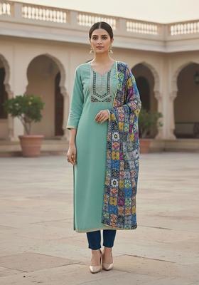 Sea Green Embroidery Cotton Salwar Kameez