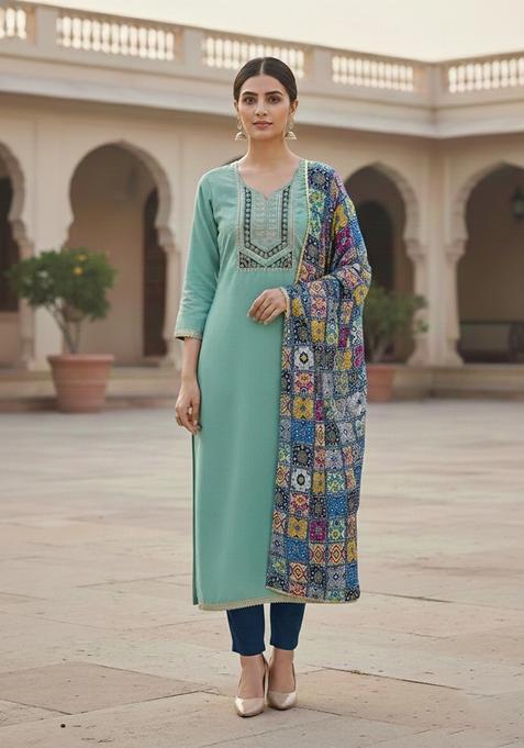 Sea Green Embroidery Cotton Salwar Kameez