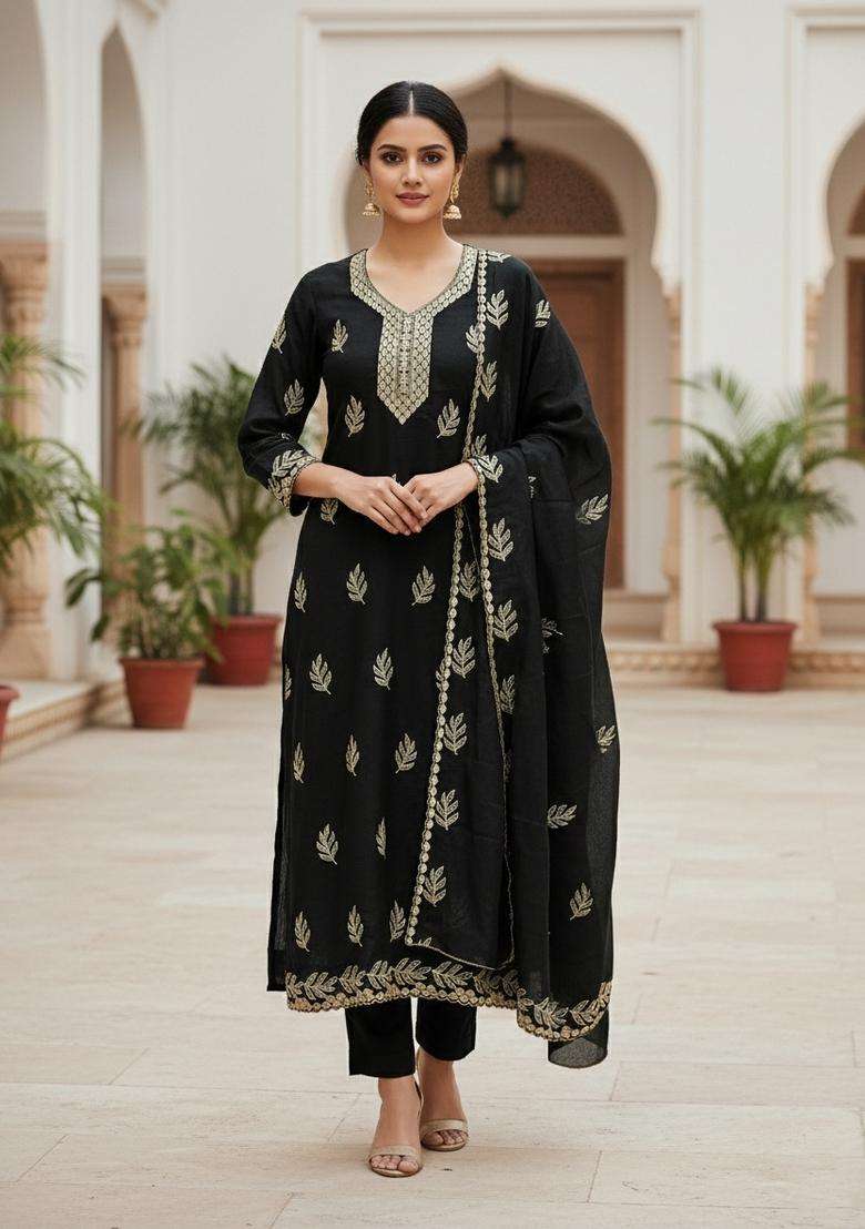Black Embroidery Cotton Salwar Kameez - Indya