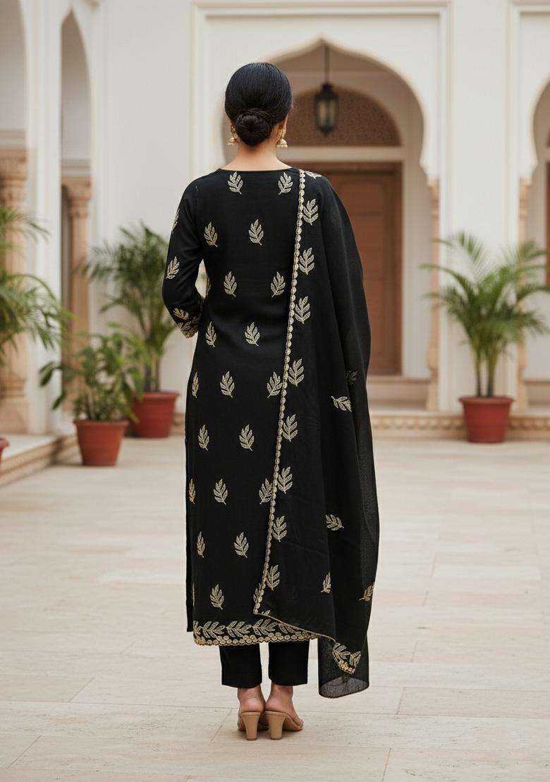 Black Embroidery Cotton Salwar Kameez - Indya