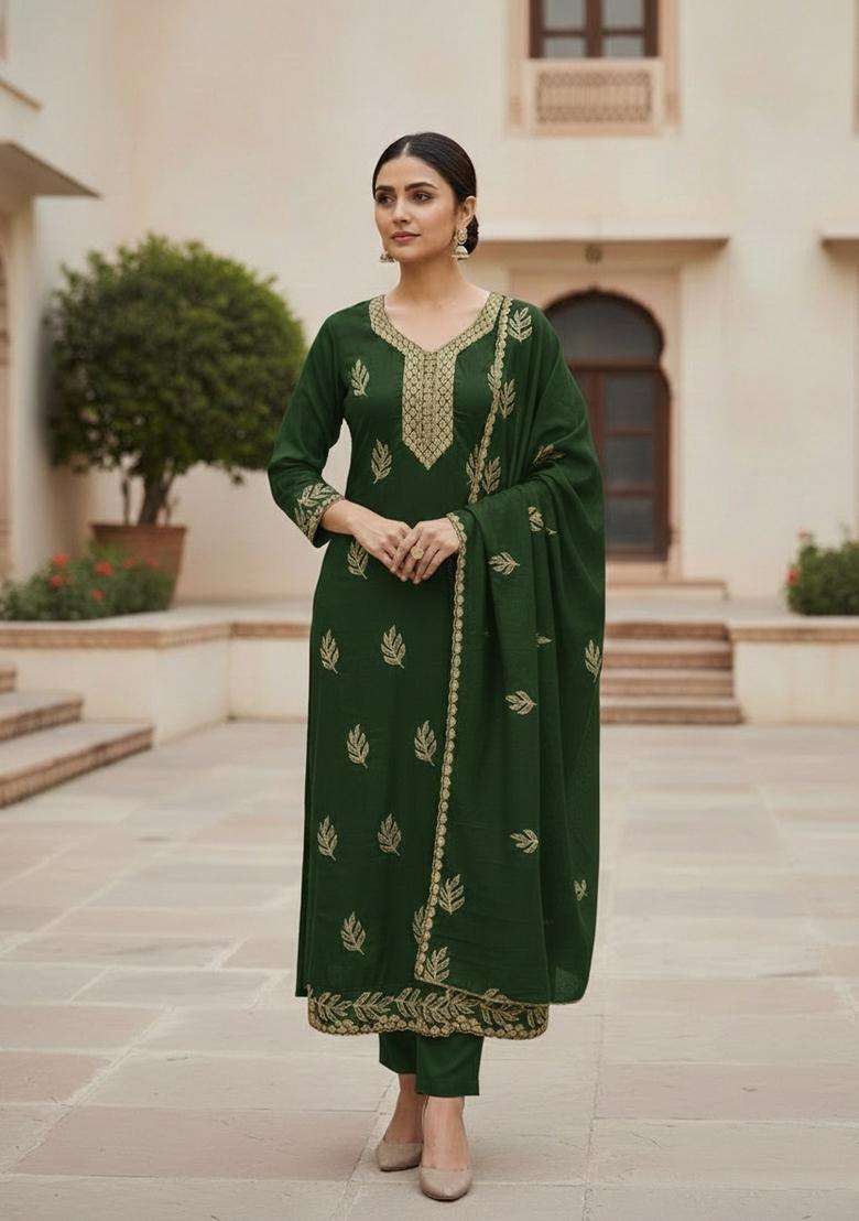 Olive Green Embroidery Cotton Salwar Kameez - Indya