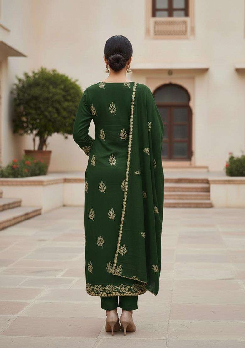 Olive Green Embroidery Cotton Salwar Kameez - Indya