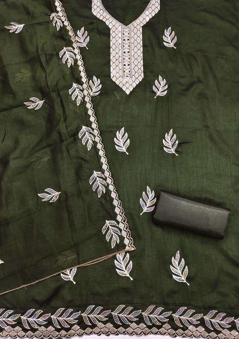 Olive Green Embroidery Cotton Salwar Kameez - Indya