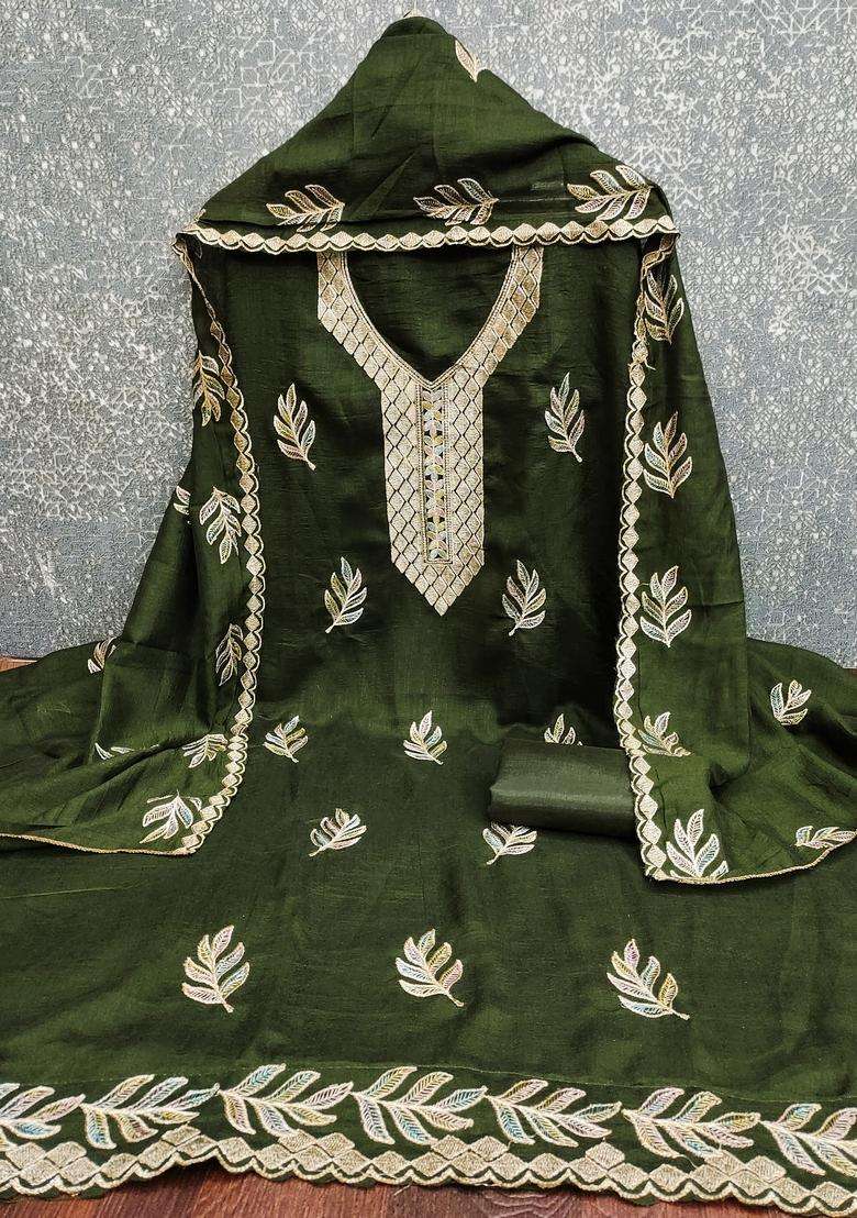 Olive Green Embroidery Cotton Salwar Kameez - Indya