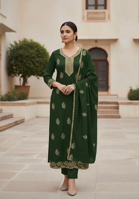 Olive Green Embroidery Cotton Salwar Kameez