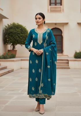 Teal Blue Embroidery Cotton Salwar Kameez