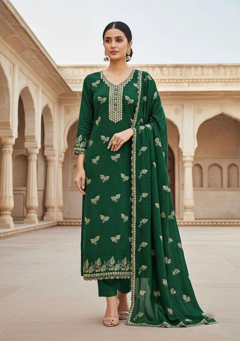 Green Embroidery Cotton Salwar Kameez - Indya