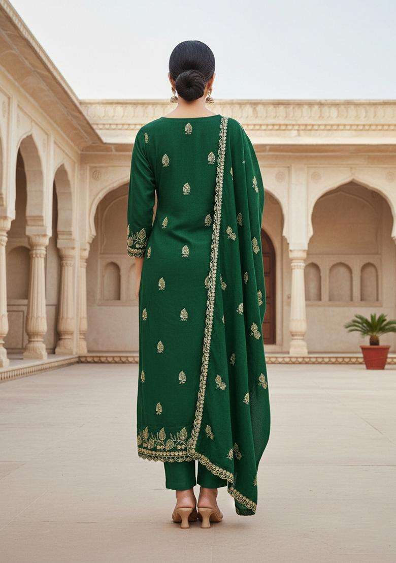 Green Embroidery Cotton Salwar Kameez - Indya