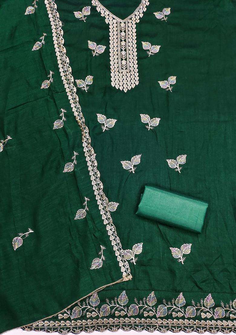 Green Embroidery Cotton Salwar Kameez - Indya
