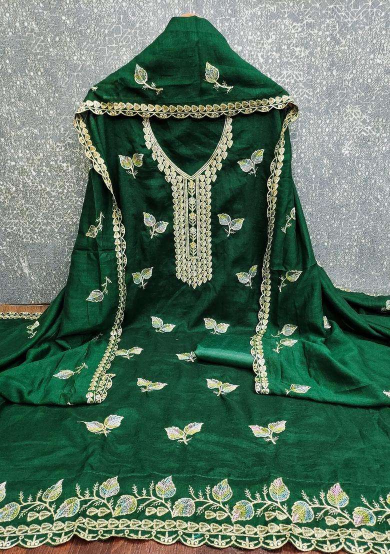 Green Embroidery Cotton Salwar Kameez - Indya