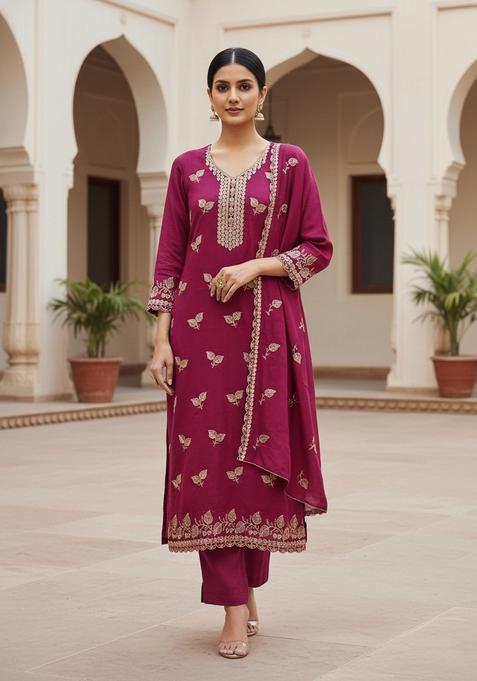 Magenta Embroidery Cotton Salwar Kameez