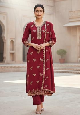 maroon Embroidery Cotton Salwar Kameez