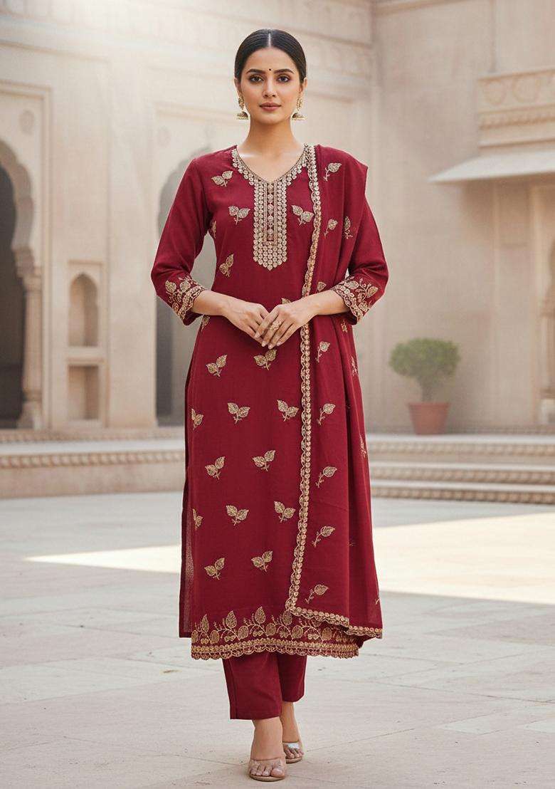 maroon Embroidery Cotton Salwar Kameez - Indya