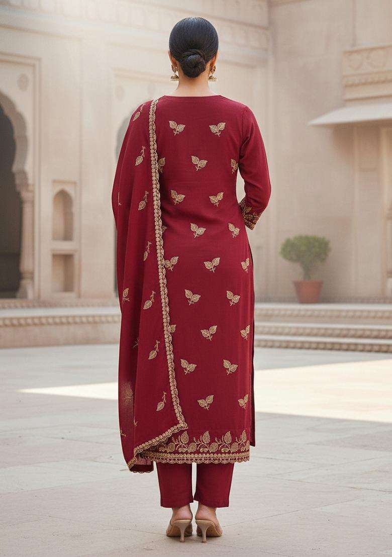 maroon Embroidery Cotton Salwar Kameez - Indya